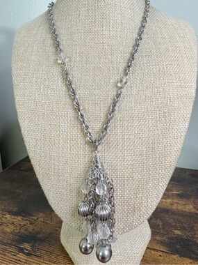 Vintage Silver Tassel Necklace with Clear Crystal Drops - Flapper Revival Deco